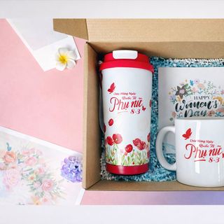 Combo quà tặng bình giữ nhiệt và ly sứ in họa tiết cao cấp