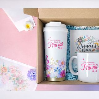 Combo quà tặng bình giữ nhiệt và ly sứ in họa tiết cao cấp