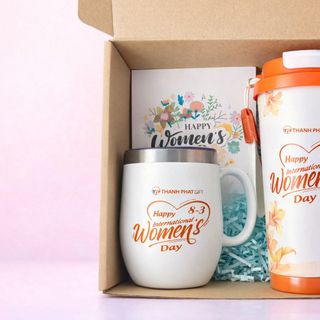 Combo quà tặng bình giữ nhiệt và ly sứ in họa tiết cao cấp
