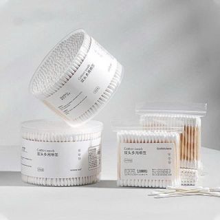 Hộp Tròn 500 Tăm Bông Thân Gỗ Cotton Swabs Full VAT