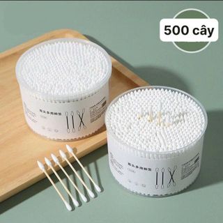 Hộp Tròn 500 Tăm Bông Thân Gỗ Cotton Swabs Full VAT