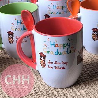 Ly sứ bầu có muỗng in hình kỉ niệm tốt nghiệp