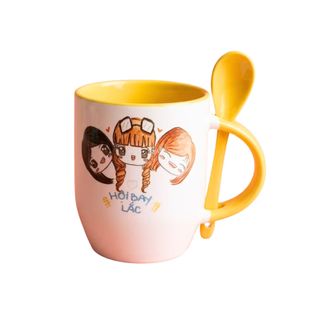 Ly Sứ Màu Dáng Bầu Kèm Muỗng – In Hình Theo Yêu Cầu – Con Hiu Hồng Gift