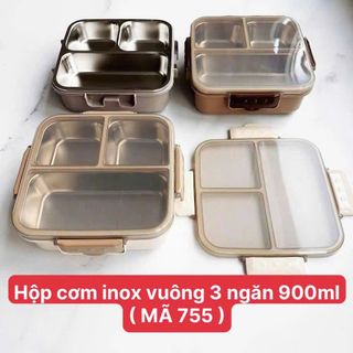 Hộp Cơm Inox Vuông 3 Ngăn 900ml mã 755 (THÙNG 36C)