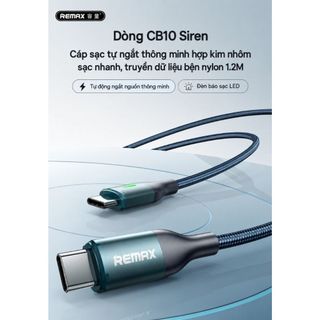 Cáp sạc tự ngắt thông minh REMAX CB10 C-L 30W Vỏ hợp kim nhôm, cáp bọc dây dù bện mật độ cao, sử dụng bền bỉ