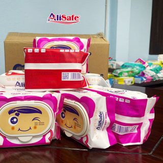 (Thùng 10 gói) - Khăn ướt AliSafe - Không mùi - Không cồn - Không Parabens - Vải bi 3D - Kích thước lớn