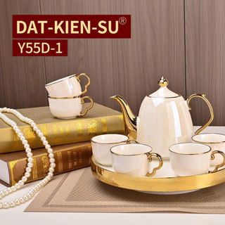Bộ Ấm Chén Sứ Kèm Khay Viền Vàng Y55D-1 (THÙNG 12B)