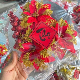 Set hoa trang trí giỏ quà , phụ kiện hoa trang trí tết + đĩa + chùn sung + tem tết
