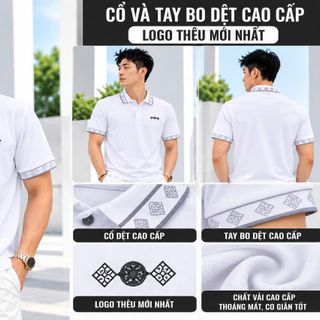 ÁO POLO NAM TRẮNG CAO CẤP – CỔ VÀ TAY BO DỆT HỌA TIẾT, LOGO THÊU SANG TRỌNG
