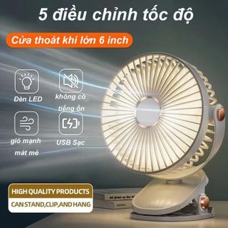 Quạt mini kẹp để bàn tích điện 5 mức độ gió 3 mức độ đèn pin 5000mah