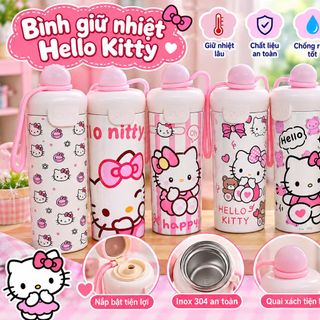 BÌNH NƯỚC INOX KITTY HỒNG KÈM MÓC 600ML