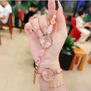 Set đồng hồ nữ Gossie Van Ceramic hồng phối dây chuyền tulip hồng sang trọng