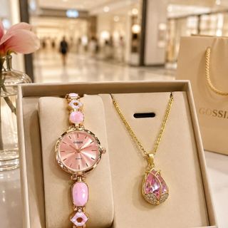 Set đồng hồ nữ Gossie Van Ceramic hồng phối dây chuyền tulip hồng sang trọng