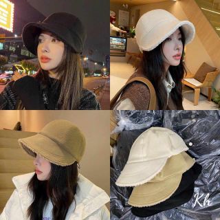 Nón bucket trơn lông Hàn Quốc có dây rút thoáng khí