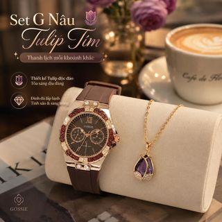 Set đồng hồ nữ Gossie nâu phối dây chuyền tulip tím sang trọng Set G Nâu Tulip Tím