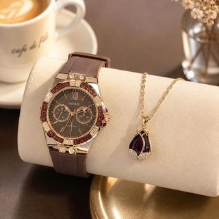 Set đồng hồ nữ Gossie nâu phối dây chuyền tulip tím sang trọng Set G Nâu Tulip Tím