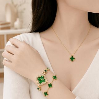 Set đồng hồ nữ Gossie cỏ bốn lá huỳnh quang xanh phối dây chuyền, bông tai, vòng tay