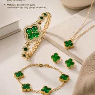 Set đồng hồ nữ Gossie cỏ bốn lá huỳnh quang xanh phối dây chuyền, bông tai, vòng tay