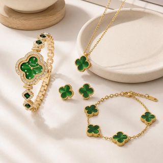 Set đồng hồ nữ Gossie cỏ bốn lá huỳnh quang xanh phối dây chuyền, bông tai, vòng tay