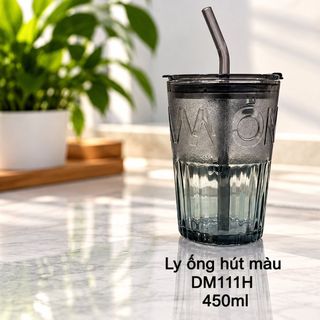 LY THUỶ TINH MÀU QUÀ TẶNG 450ml DM111H KÈM ỐNG HÚT (T48)