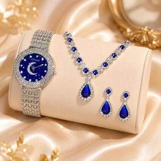 Set đồng hồ nữ Gossie mặt trăng sao phối dây chuyền, bông tai ruby xanh sang trọng