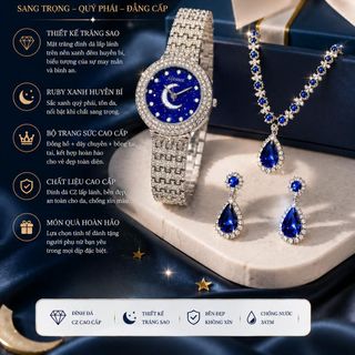 Set đồng hồ nữ Gossie mặt trăng sao phối dây chuyền, bông tai ruby xanh sang trọng