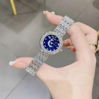 Set đồng hồ nữ Gossie mặt trăng sao phối dây chuyền, bông tai ruby xanh sang trọng
