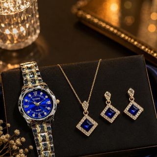 Set đồng hồ nữ Gossie phối dây chuyền, bông tai sapphire xanh sang trọng Set Kim Cương Sapphire Hoàng Gia