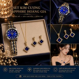 Set đồng hồ nữ Gossie phối dây chuyền, bông tai sapphire xanh sang trọng Set Kim Cương Sapphire Hoàng Gia