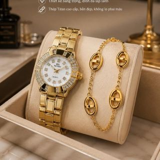 Set đồng hồ nữ BS Mác phối vòng tay mũi heo tone vàng sang trọng Set BS Mác Mũi Heo Vàng