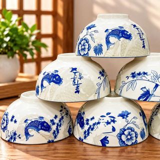 BỘ 10 CHÉN SỨ CAO CẤP HỌA TIẾT HOA XANH CÁ 4D CÓ HỘP