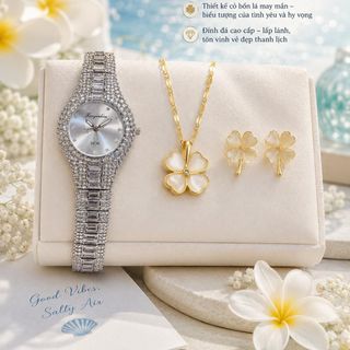 Set đồng hồ nữ Yunkou tròn phối dây chuyền, bông tai mắt mèo cỏ bốn lá thanh lịch Set Yunkou Tròn Mắt Mèo Cỏ Bốn Lá