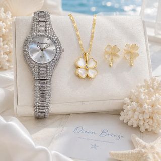 Set đồng hồ nữ Yunkou tròn phối dây chuyền, bông tai mắt mèo cỏ bốn lá thanh lịch Set Yunkou Tròn Mắt Mèo Cỏ Bốn Lá