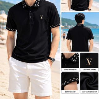 ÁO POLO NAM MÀU ĐEN CAO CẤP – CỔ VÀ TAY BO DỆT HỌA TIẾT, LOGO THÊU SANG TRỌNG