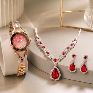 Set đồng hồ nữ phối dây chuyền, bông tai ruby đỏ giọt nước sang trọng Set Hoa Anh Đào Ruby Đỏ