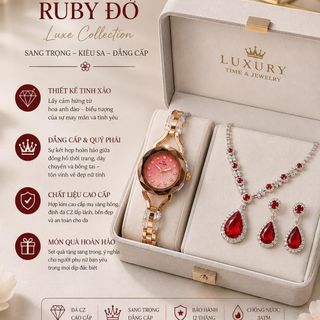 Set đồng hồ nữ phối dây chuyền, bông tai ruby đỏ giọt nước sang trọng Set Hoa Anh Đào Ruby Đỏ
