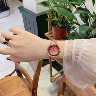 Set đồng hồ nữ phối dây chuyền, bông tai ruby đỏ giọt nước sang trọng Set Hoa Anh Đào Ruby Đỏ