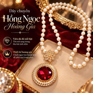 Dây chuyền nữ chuỗi ngọc trai mặt hồng ngọc đỏ bản lớn sang trọng Dây Chuyền Hồng Ngọc Hoàng Gia