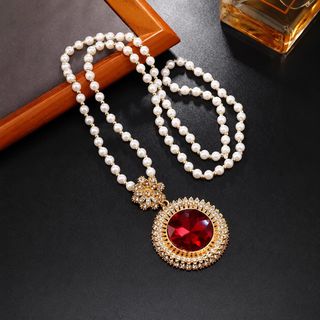 Dây chuyền nữ chuỗi ngọc trai mặt hồng ngọc đỏ bản lớn sang trọng Dây Chuyền Hồng Ngọc Hoàng Gia