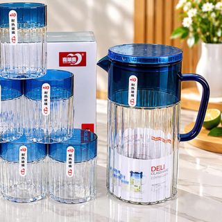 BỘ BÌNH THUỶ TINH DELI 1,7L CÓ QUAI KÈM 6 LY SỌC XANH CAO CẤP (T6)