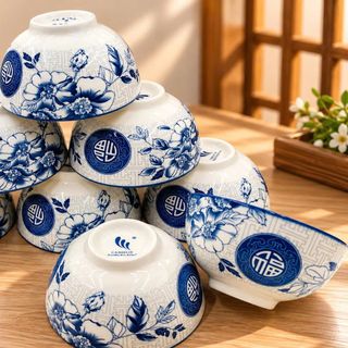 BỘ 10 CHÉN SỨ CAO CẤP HỌA TIẾT HOA XANH CHỮ PHÚC CÓ HỘP (T12)