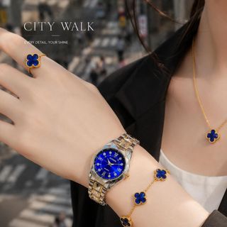 Set đồng hồ nữ phối trang sức cỏ bốn lá xanh thẳm sang trọng Gossie Kim Cương Cỏ Bốn Lá Xanh Thẳm