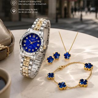 Set đồng hồ nữ phối trang sức cỏ bốn lá xanh thẳm sang trọng Gossie Kim Cương Cỏ Bốn Lá Xanh Thẳm