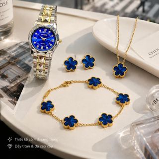 Set đồng hồ nữ phối trang sức cỏ bốn lá xanh thẳm sang trọng Gossie Kim Cương Cỏ Bốn Lá Xanh Thẳm