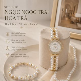 Set đồng hồ nữ phối ngọc trai hoa trà 4 món sang trọng Set Phối Ngọc Ngọc Trai Hoa Trà