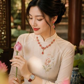 Set đồng hồ nữ Gossie dây da đỏ phối dây chuyền, bông tai ruby sang trọng Set Gossie Dây Da Ruby Nữ Hoàng
