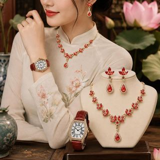 Set đồng hồ nữ Gossie dây da đỏ phối dây chuyền, bông tai ruby sang trọng Set Gossie Dây Da Ruby Nữ Hoàng