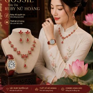 Set đồng hồ nữ Gossie dây da đỏ phối dây chuyền, bông tai ruby sang trọng Set Gossie Dây Da Ruby Nữ Hoàng