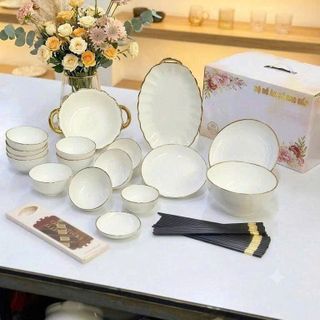 Bộ Bát Đĩa Sứ Trắng Viền Vàng 17 Chi Tiết Có Đũa (THÙNG 6B)