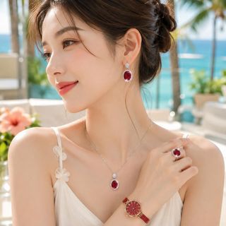 Set đồng hồ nữ Gossie dây phối da đỏ kết hợp trang sức hồng ngọc sang trọng Set Lắc Phối Da Hồng Ngọc